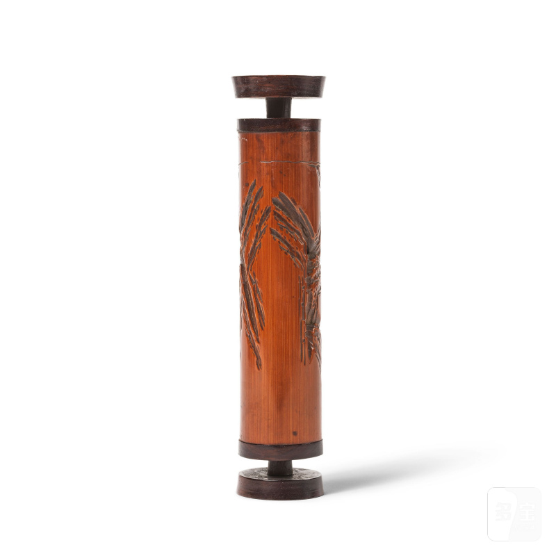 清 十八/十九世紀 竹雕鏤空松下高士童子香筒 | PORTE-ENCENS EN BAMBOU SCULPTÉ ET AJOURÉ - 图2